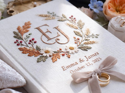 Custom Hand Embroidered Autumn Wedding Guest Book, Monogram Linen Album, Personalized Memory Book, Ring Bearer Keepsake, Bridal Wedding Gift