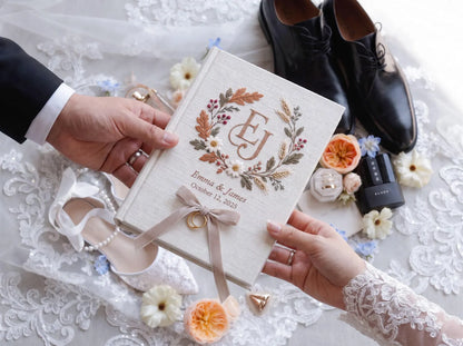 Custom Hand Embroidered Autumn Wedding Guest Book, Monogram Linen Album, Personalized Memory Book, Ring Bearer Keepsake, Bridal Wedding Gift