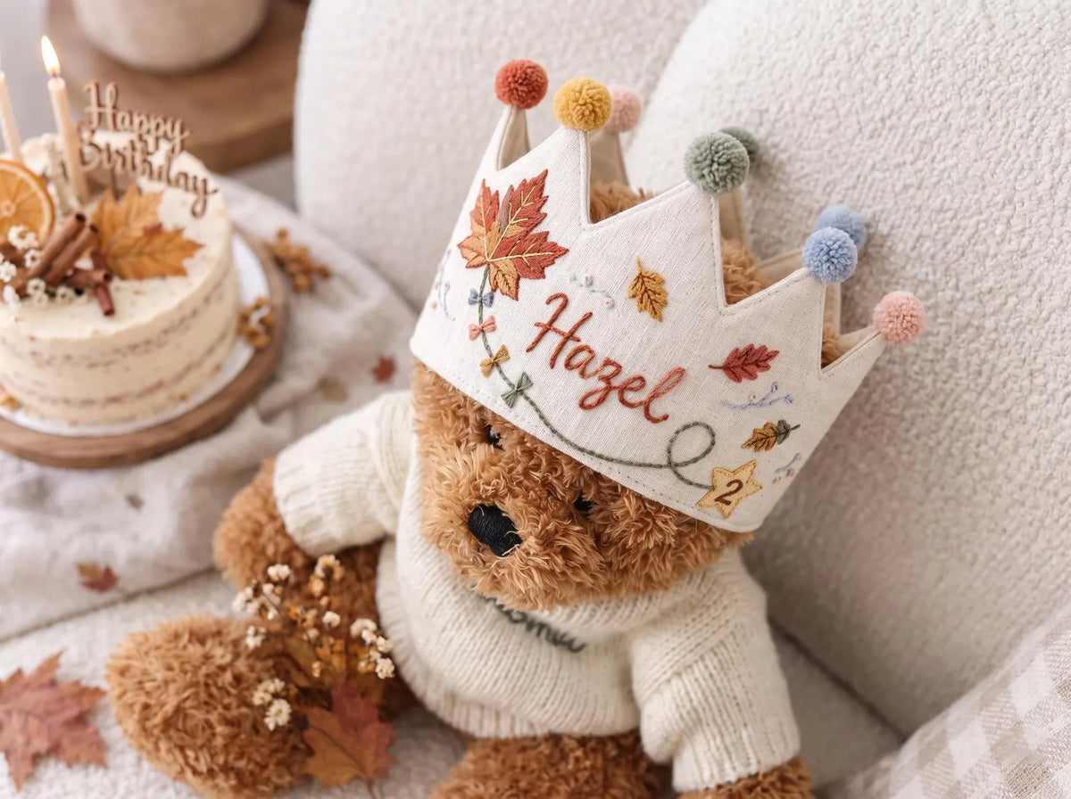 Personalized Birthday Crown, Hand Embroidered Linen Crown, Custom Name Age Party Hat, Autumn Leaves Crown, Toddler Birthday Keepsake Gift