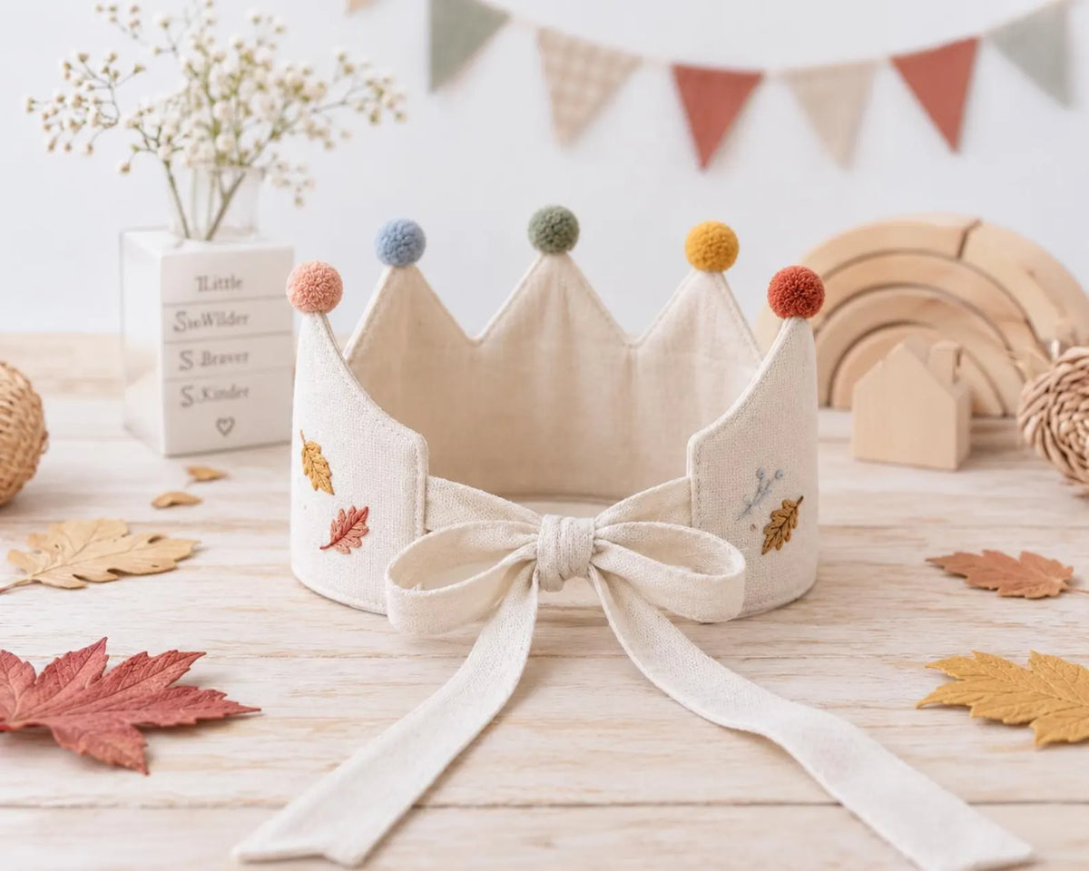 Personalized Birthday Crown, Hand Embroidered Linen Crown, Custom Name Age Party Hat, Autumn Leaves Crown, Toddler Birthday Keepsake Gift