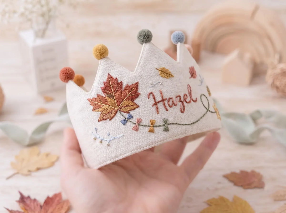 Personalized Birthday Crown, Hand Embroidered Linen Crown, Custom Name Age Party Hat, Autumn Leaves Crown, Toddler Birthday Keepsake Gift