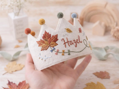 Personalized Birthday Crown, Hand Embroidered Linen Crown, Custom Name Age Party Hat, Autumn Leaves Crown, Toddler Birthday Keepsake Gift