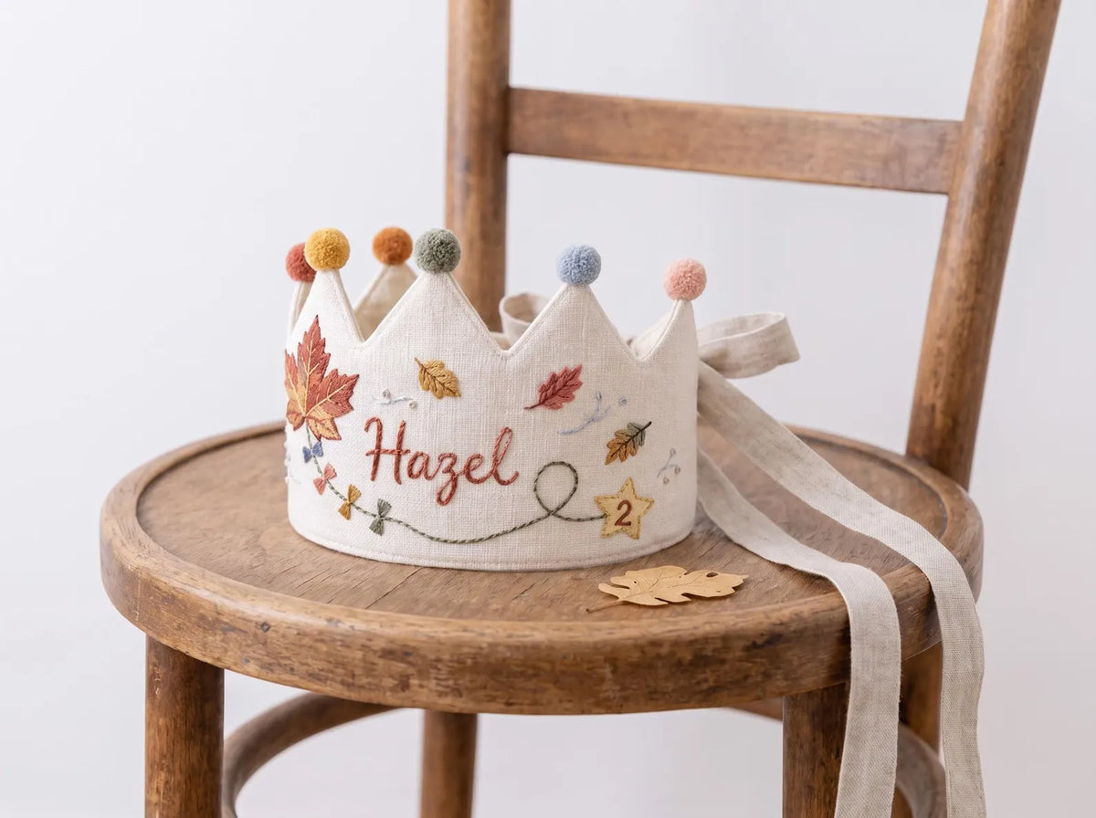 Personalized Birthday Crown, Hand Embroidered Linen Crown, Custom Name Age Party Hat, Autumn Leaves Crown, Toddler Birthday Keepsake Gift