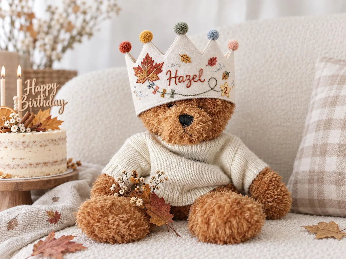 Personalized Birthday Crown, Hand Embroidered Linen Crown, Custom Name Age Party Hat, Autumn Leaves Crown, Toddler Birthday Keepsake Gift