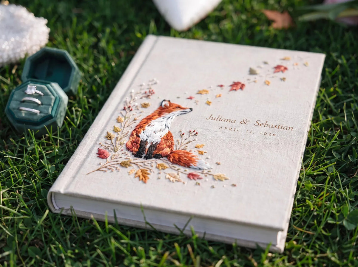 Custom Hand Embroidered Fox Wedding Guest Book, Autumn Photo Album, Personalized Woodland Memory Book, Ring Bearer Keepsake, Bridal Gift (Copy)