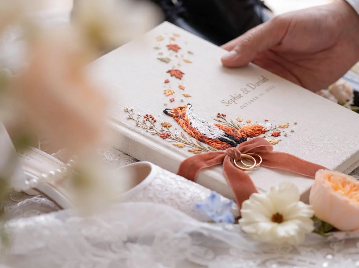 Custom Hand Embroidered Fox Wedding Guest Book, Autumn Photo Album, Personalized Woodland Memory Book, Ring Bearer Keepsake, Bridal Gift (Copy)
