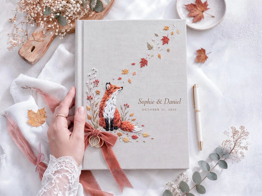 Custom Hand Embroidered Fox Wedding Guest Book, Autumn Photo Album, Personalized Woodland Memory Book, Ring Bearer Keepsake, Bridal Gift (Copy)