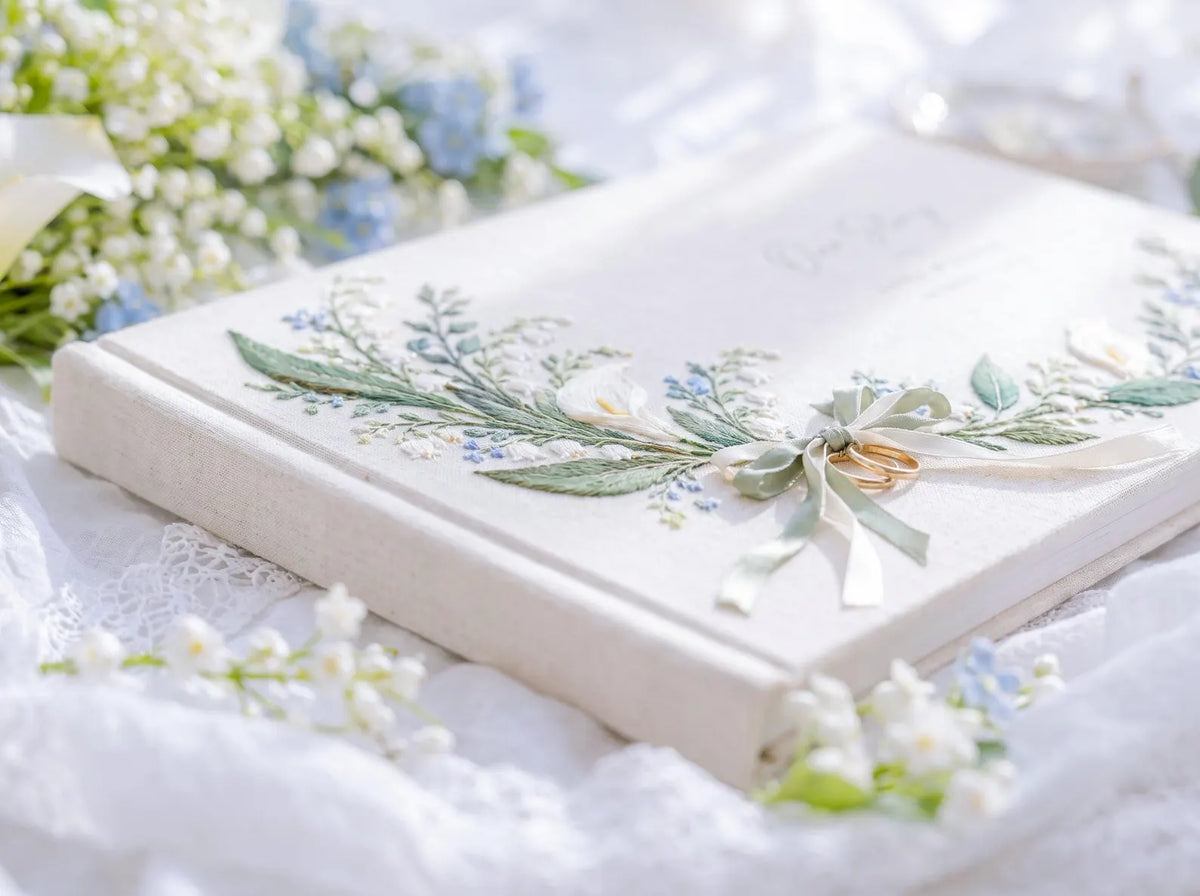 Custom Hand Embroidered Calla Lily & Lily of the Valley Wedding Guest Book, Linen Photo Album, Ring Bearer Memory Book, Bridal Keepsake Gift