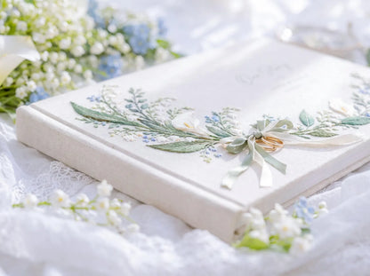 Custom Hand Embroidered Calla Lily & Lily of the Valley Wedding Guest Book, Linen Photo Album, Ring Bearer Memory Book, Bridal Keepsake Gift