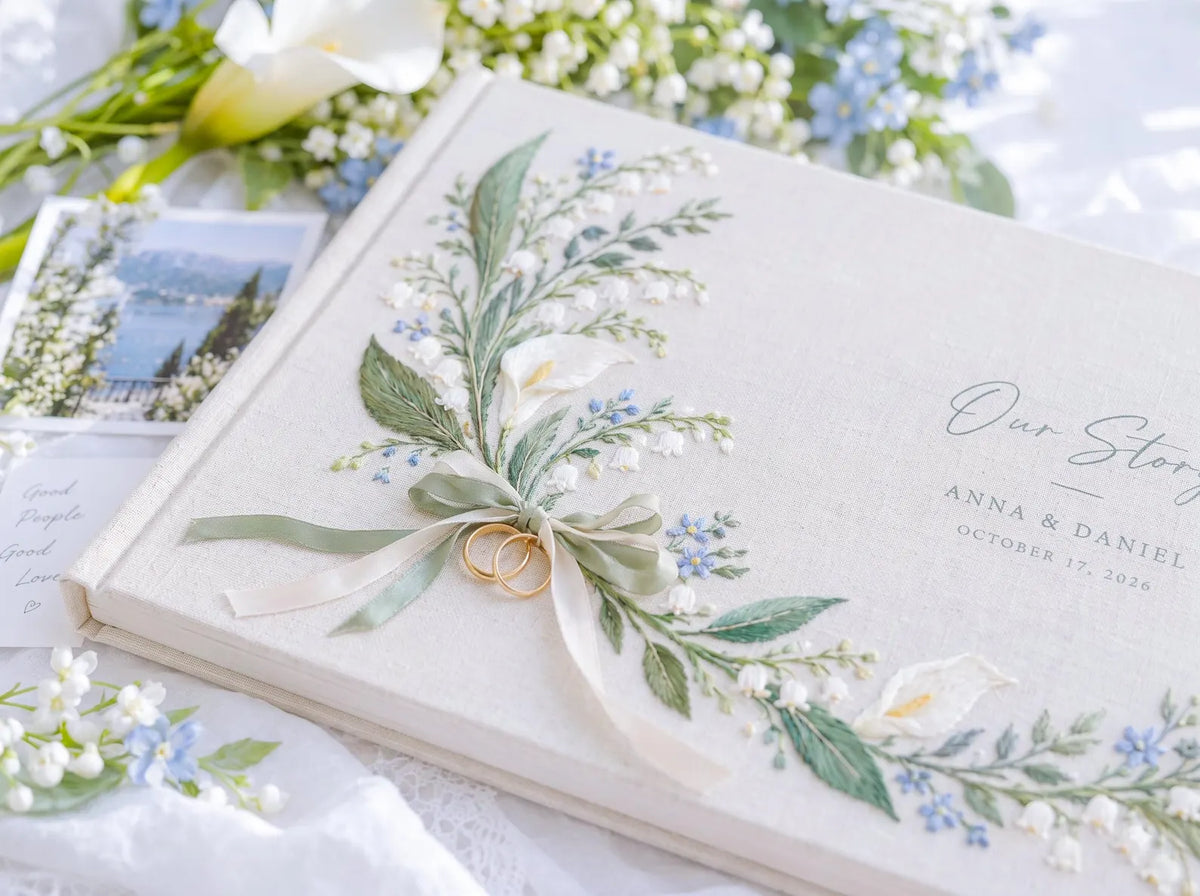 Custom Hand Embroidered Calla Lily & Lily of the Valley Wedding Guest Book, Linen Photo Album, Ring Bearer Memory Book, Bridal Keepsake Gift