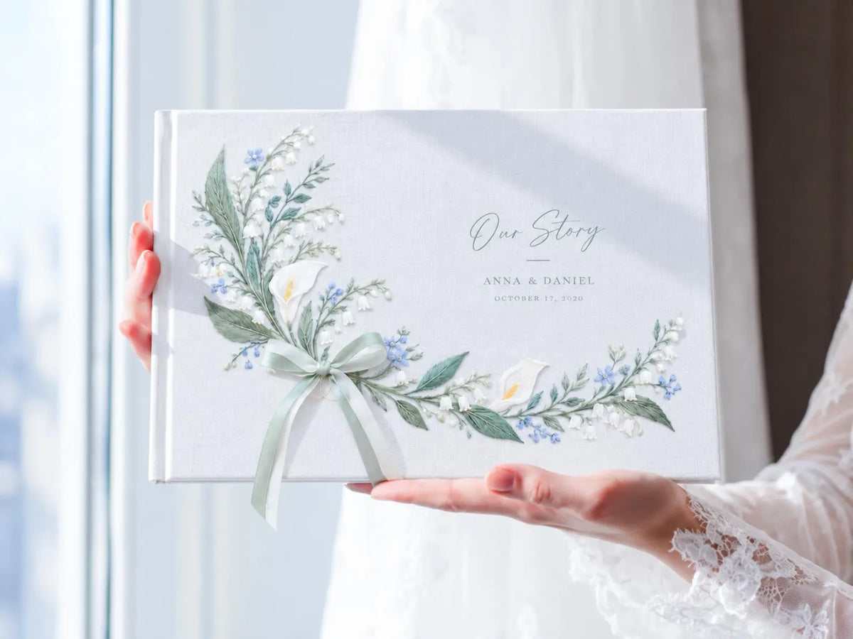 Custom Hand Embroidered Calla Lily & Lily of the Valley Wedding Guest Book, Linen Photo Album, Ring Bearer Memory Book, Bridal Keepsake Gift