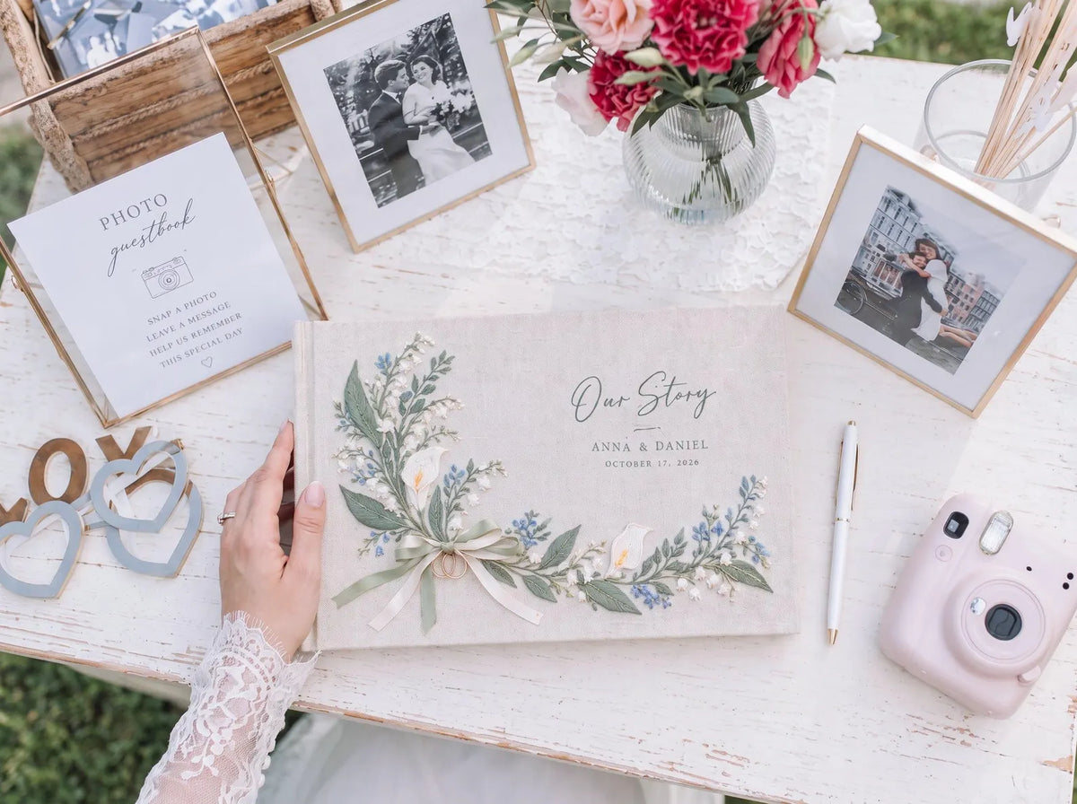 Custom Hand Embroidered Calla Lily & Lily of the Valley Wedding Guest Book, Linen Photo Album, Ring Bearer Memory Book, Bridal Keepsake Gift