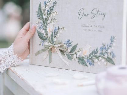 Custom Hand Embroidered Calla Lily & Lily of the Valley Wedding Guest Book, Linen Photo Album, Ring Bearer Memory Book, Bridal Keepsake Gift