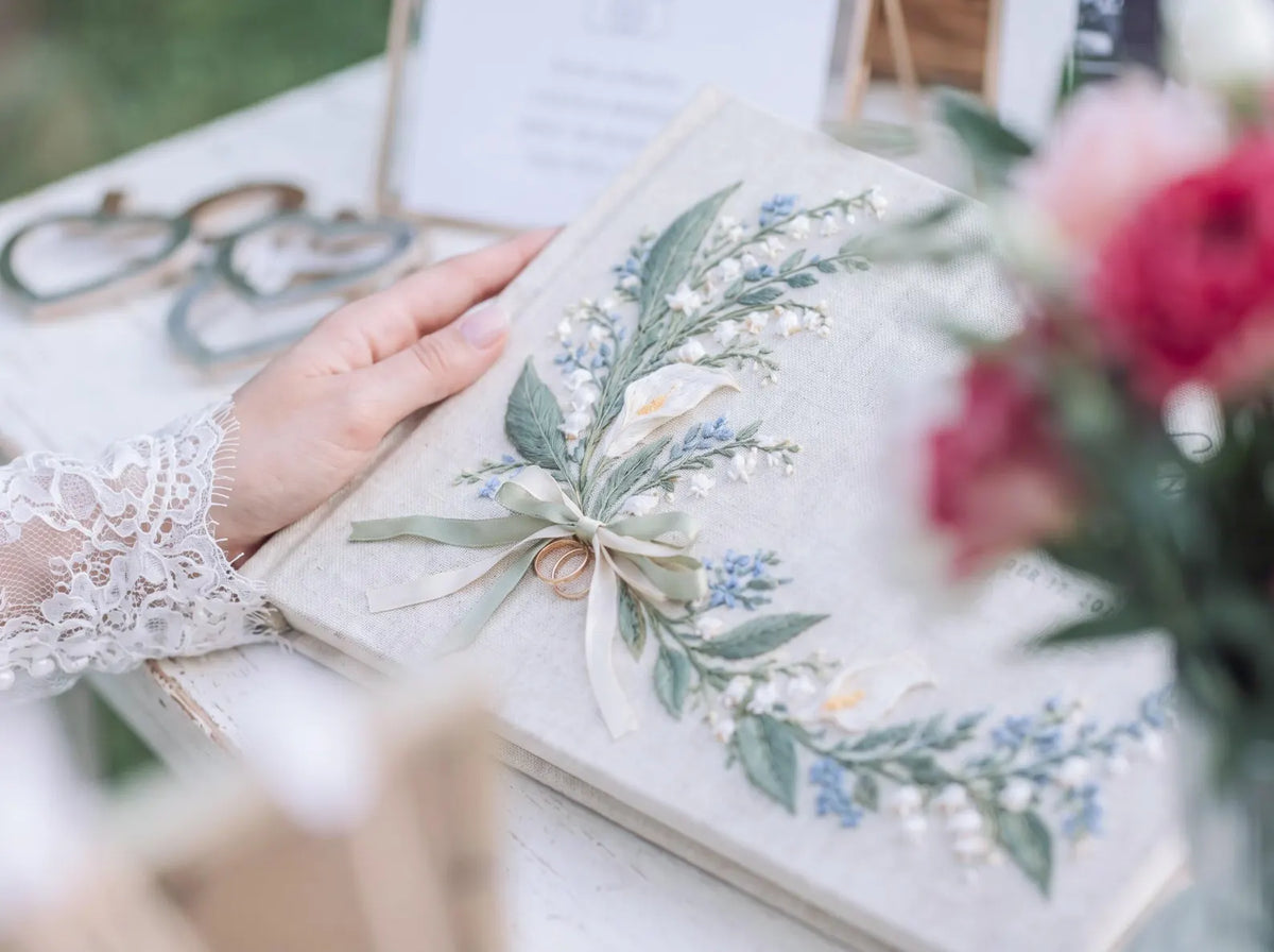 Custom Hand Embroidered Calla Lily & Lily of the Valley Wedding Guest Book, Linen Photo Album, Ring Bearer Memory Book, Bridal Keepsake Gift
