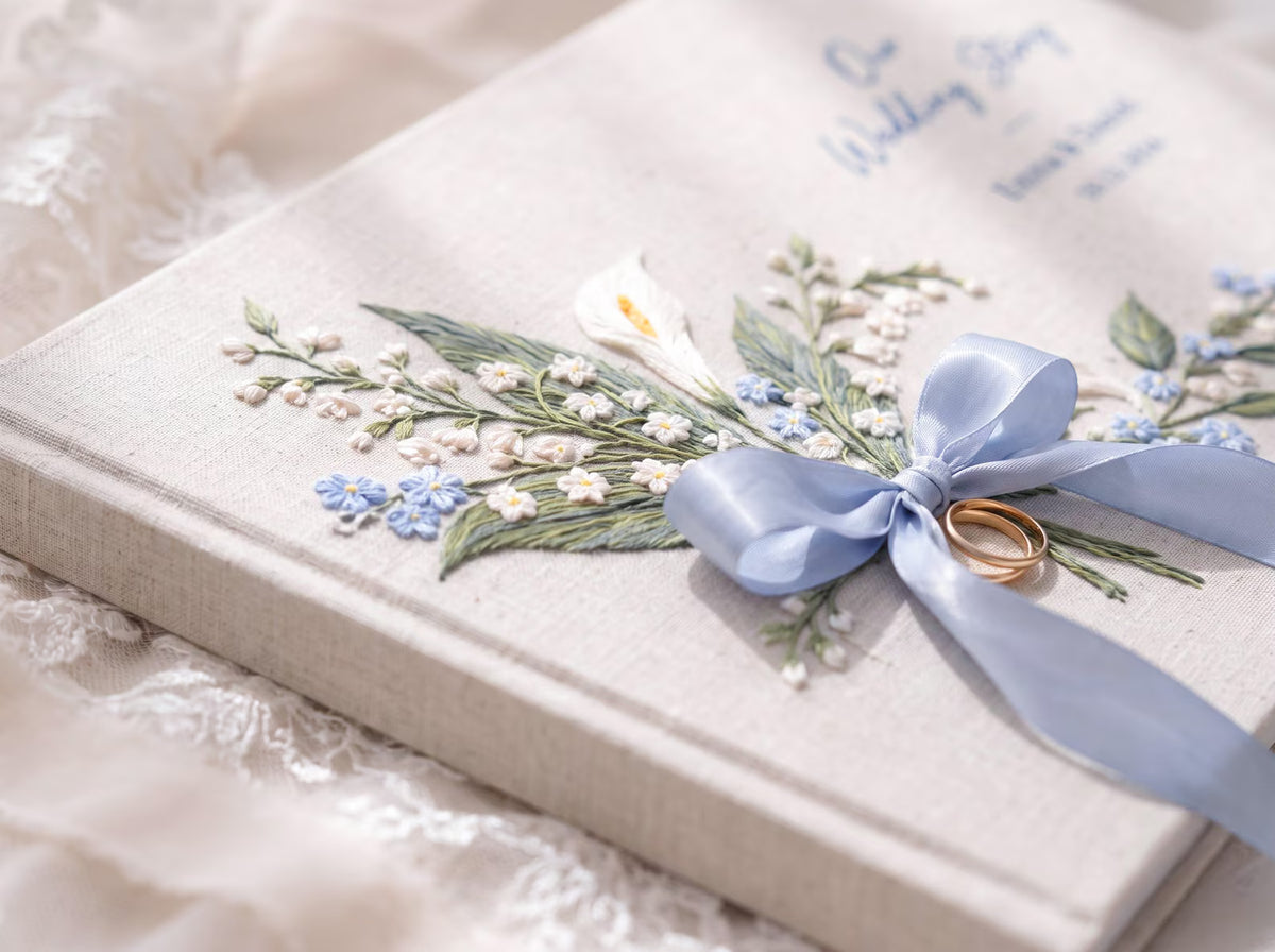 Custom Hand Embroidered Calla Lily Wedding Guest Book, Blue Floral Linen Photo Album, Ring Bearer Memory Book, Personalized Bridal Keepsake