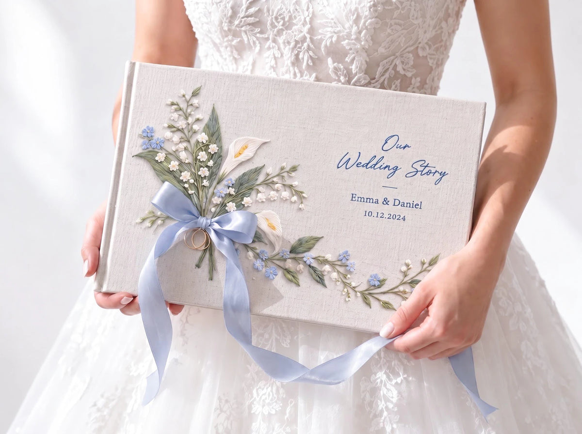 Custom Hand Embroidered Calla Lily Wedding Guest Book, Blue Floral Linen Photo Album, Ring Bearer Memory Book, Personalized Bridal Keepsake