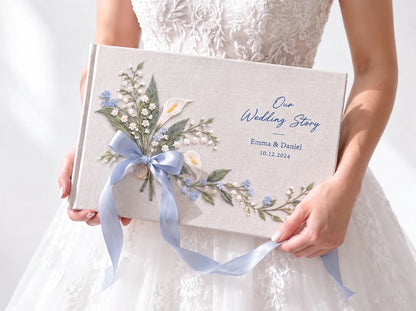 Custom Hand Embroidered Calla Lily Wedding Guest Book, Blue Floral Linen Photo Album, Ring Bearer Memory Book, Personalized Bridal Keepsake