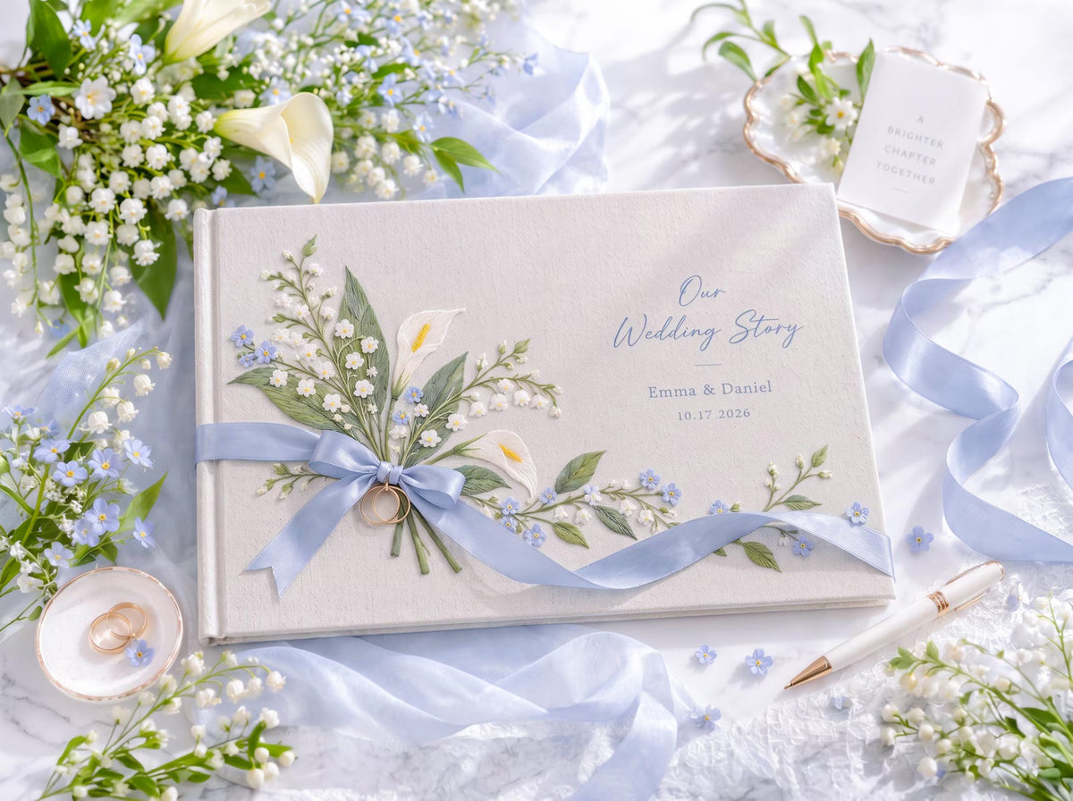 Custom Hand Embroidered Calla Lily Wedding Guest Book, Blue Floral Linen Photo Album, Ring Bearer Memory Book, Personalized Bridal Keepsake