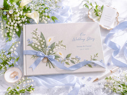 Custom Hand Embroidered Calla Lily Wedding Guest Book, Blue Floral Linen Photo Album, Ring Bearer Memory Book, Personalized Bridal Keepsake