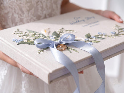 Custom Hand Embroidered Calla Lily Wedding Guest Book, Blue Floral Linen Photo Album, Ring Bearer Memory Book, Personalized Bridal Keepsake