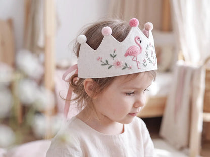 Personalized Flamingo Birthday Crown, Hand Embroidered Pink Flamingo Party Hat, Custom Age Linen Crown, Floral Girls Birthday Crown Birthday