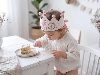 Personalized Flamingo Birthday Crown, Hand Embroidered Pink Flamingo Party Hat, Custom Age Linen Crown, Floral Girls Birthday Crown Birthday