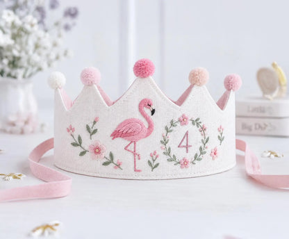Personalized Flamingo Birthday Crown, Hand Embroidered Pink Flamingo Party Hat, Custom Age Linen Crown, Floral Girls Birthday Crown Birthday