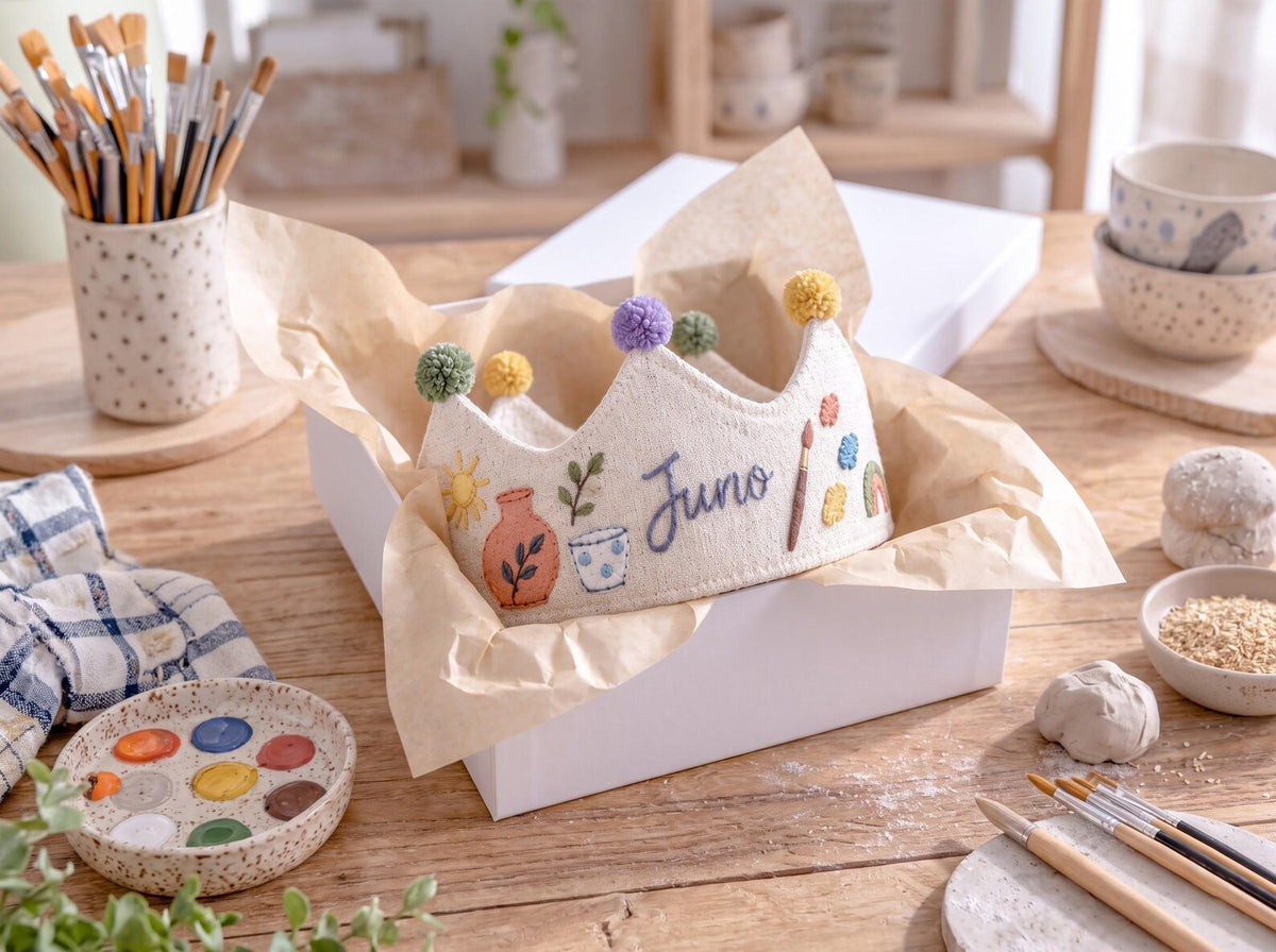 Personalized Birthday Crown, Hand Embroidered Linen Crown, Little Maker Party Hat, Custom Name Age Crown, Pottery Theme, Art Party Keepsake