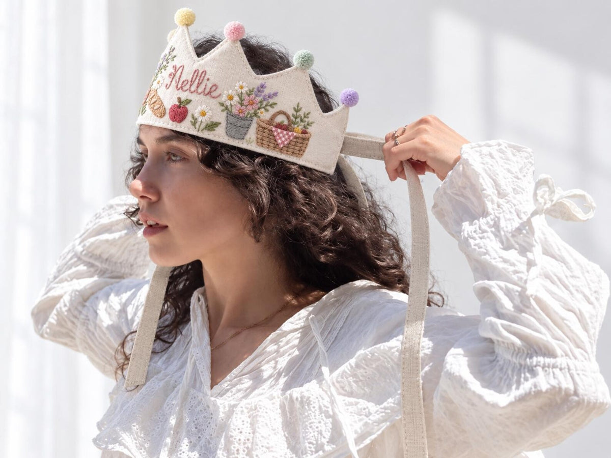 Personalized Birthday Crown, Hand Embroidered Linen Crown, Flower Market Party Hats, Custom Name Age Crown, Farmers Market Birthday Keepsake