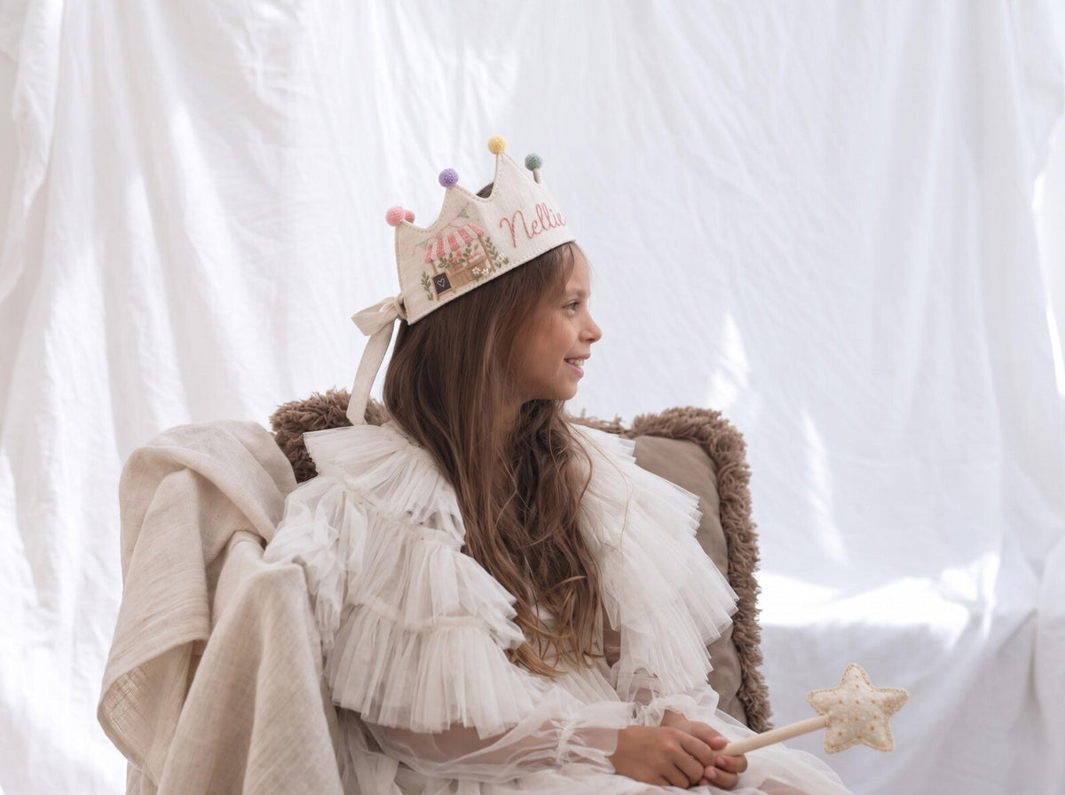 Personalized Birthday Crown, Hand Embroidered Linen Crown, Flower Market Party Hats, Custom Name Age Crown, Farmers Market Birthday Keepsake