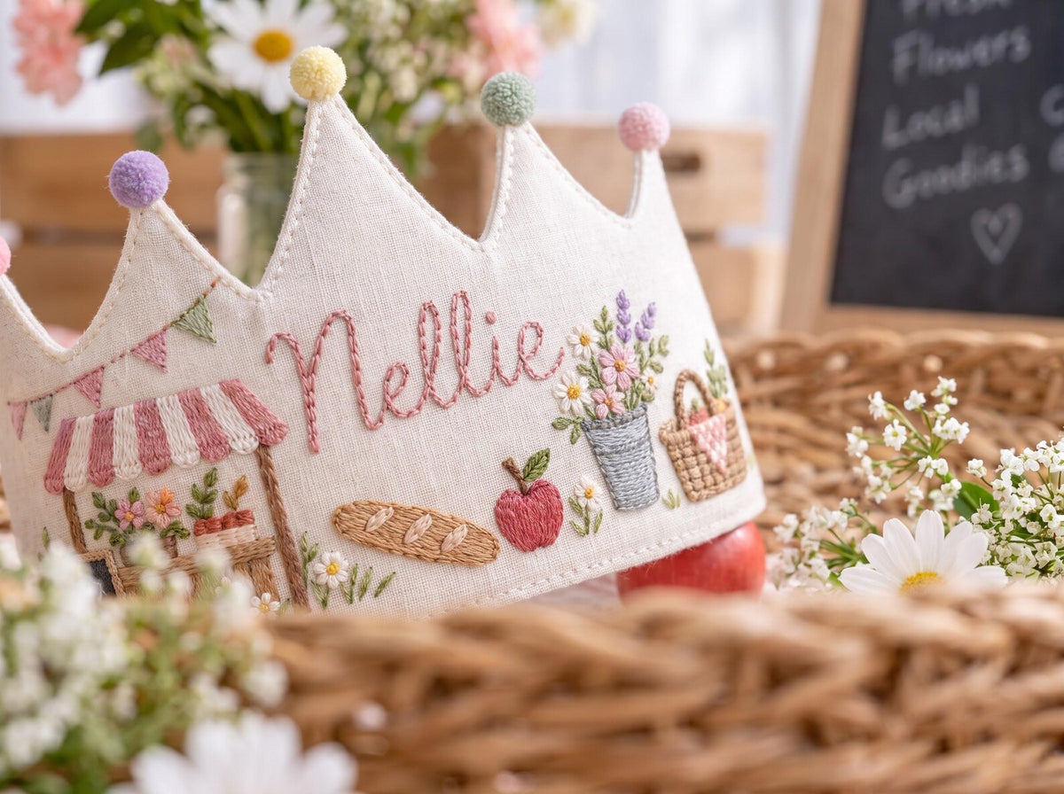 Personalized Birthday Crown, Hand Embroidered Linen Crown, Flower Market Party Hats, Custom Name Age Crown, Farmers Market Birthday Keepsake