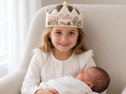 Personalized Birthday Crown, Hand Embroidered Linen Crown, Flower Market Party Hats, Custom Name Age Crown, Farmers Market Birthday Keepsake