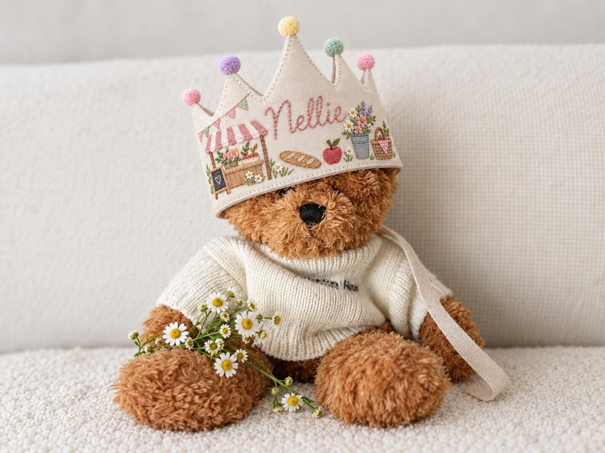Personalized Birthday Crown, Hand Embroidered Linen Crown, Flower Market Party Hats, Custom Name Age Crown, Farmers Market Birthday Keepsake