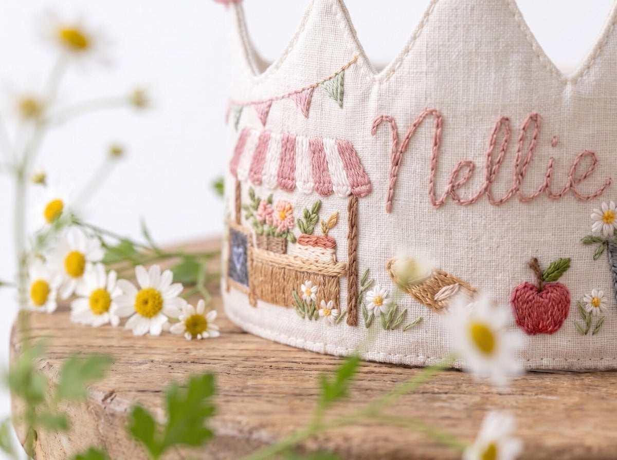 Personalized Birthday Crown, Hand Embroidered Linen Crown, Flower Market Party Hats, Custom Name Age Crown, Farmers Market Birthday Keepsake
