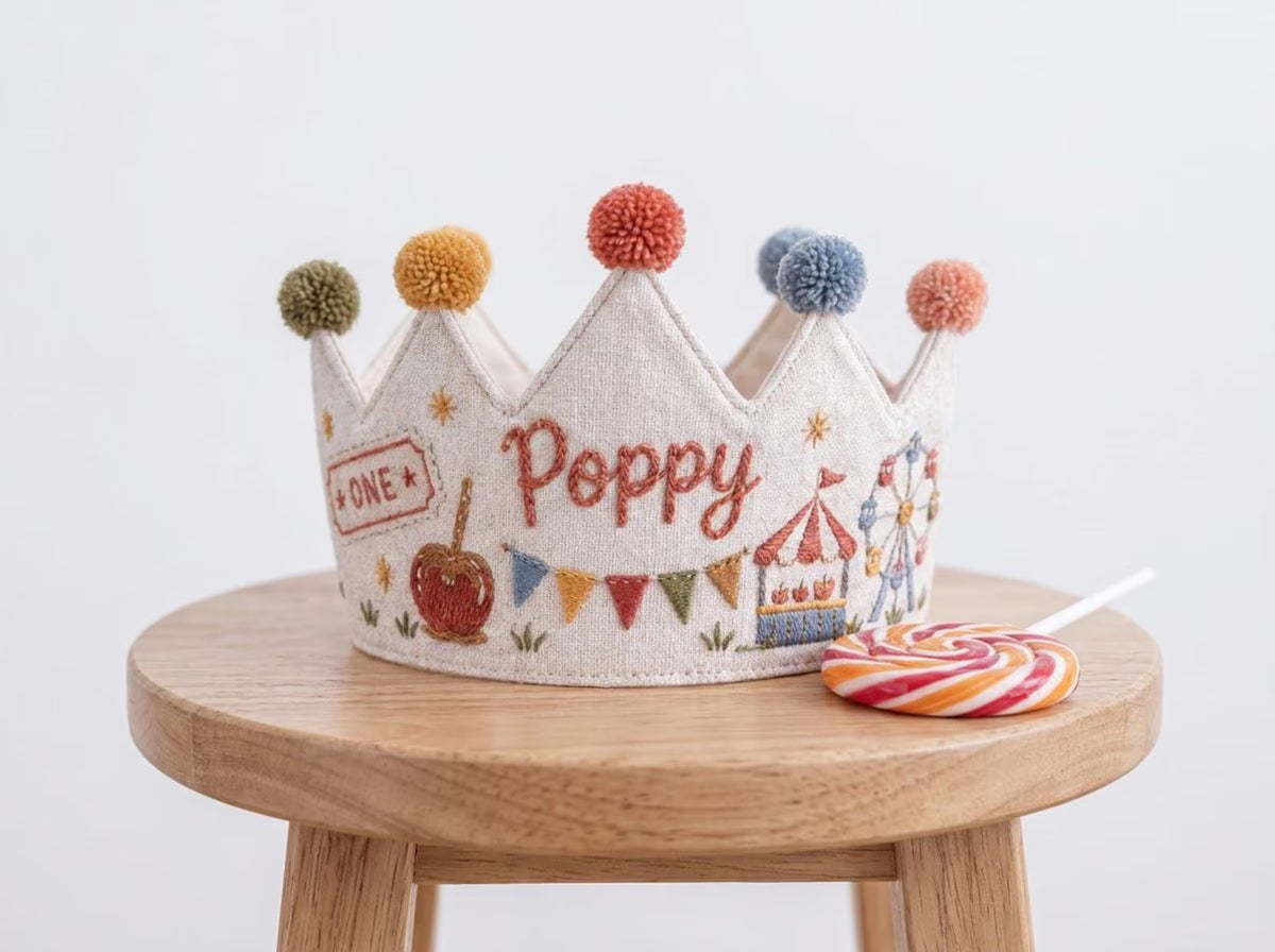 Personalized Birthday Crown, Hand Embroidered Linen Crown, Carnival Party Hat, Custom Name Age Crown, Fairground Birthday Keepsake for Child