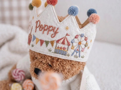 Personalized Birthday Crown, Hand Embroidered Linen Crown, Carnival Party Hat, Custom Name Age Crown, Fairground Birthday Keepsake for Child