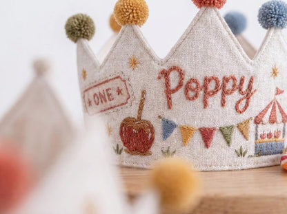 Personalized Birthday Crown, Hand Embroidered Linen Crown, Carnival Party Hat, Custom Name Age Crown, Fairground Birthday Keepsake for Child