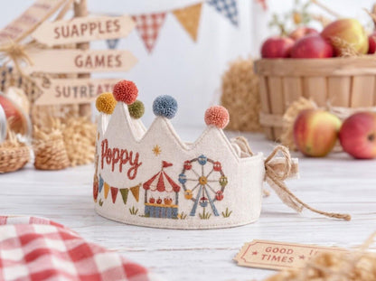 Personalized Birthday Crown, Hand Embroidered Linen Crown, Carnival Party Hat, Custom Name Age Crown, Fairground Birthday Keepsake for Child