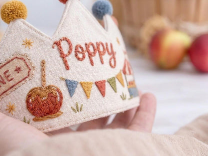 Personalized Birthday Crown, Hand Embroidered Linen Crown, Carnival Party Hat, Custom Name Age Crown, Fairground Birthday Keepsake for Child