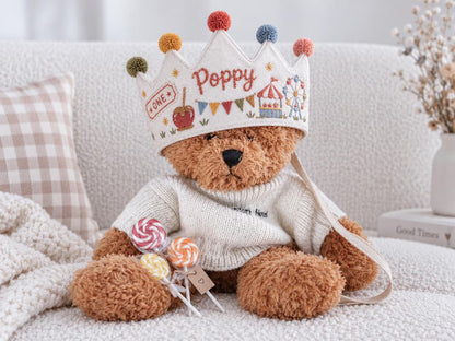 Personalized Birthday Crown, Hand Embroidered Linen Crown, Carnival Party Hat, Custom Name Age Crown, Fairground Birthday Keepsake for Child