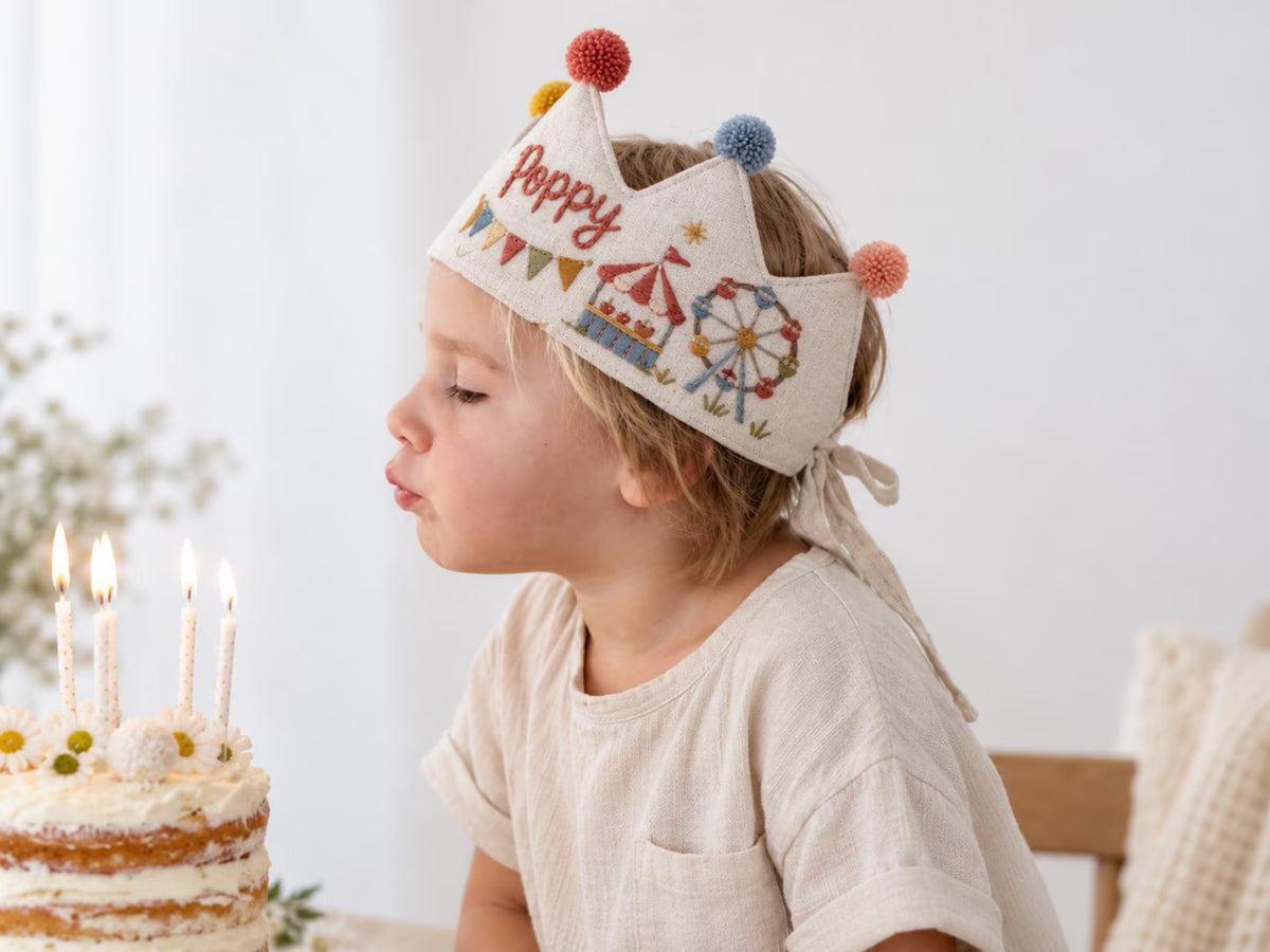 Personalized Birthday Crown, Hand Embroidered Linen Crown, Carnival Party Hat, Custom Name Age Crown, Fairground Birthday Keepsake for Child