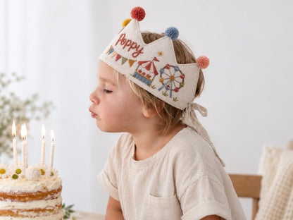 Personalized Birthday Crown, Hand Embroidered Linen Crown, Carnival Party Hat, Custom Name Age Crown, Fairground Birthday Keepsake for Child