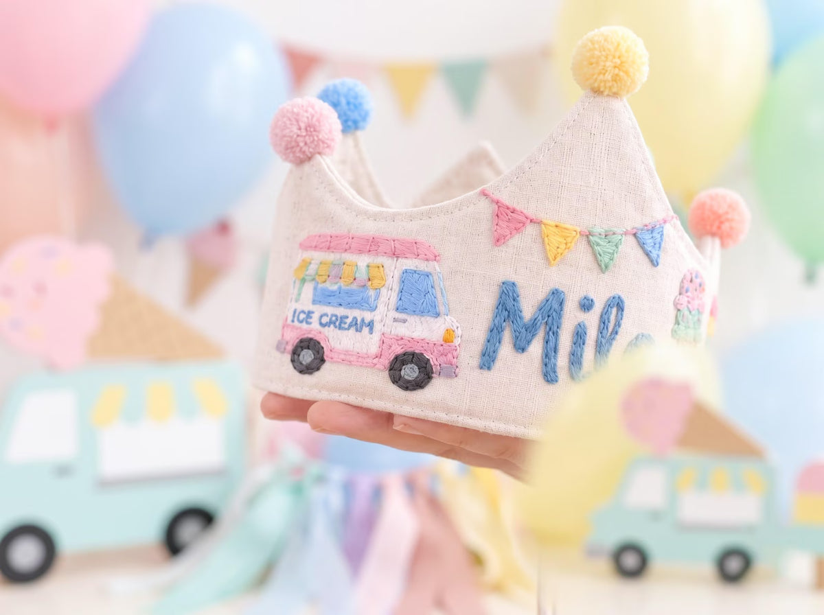 Personalized Birthday Crown, Hand Embroidered Linen Crown, Ice Cream Truck Party Hat, Custom Name Age Crown, 1st Birthday Keepsake for Child