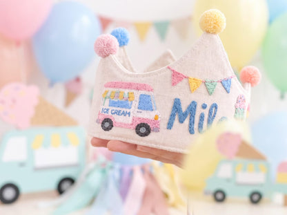 Personalized Birthday Crown, Hand Embroidered Linen Crown, Ice Cream Truck Party Hat, Custom Name Age Crown, 1st Birthday Keepsake for Child