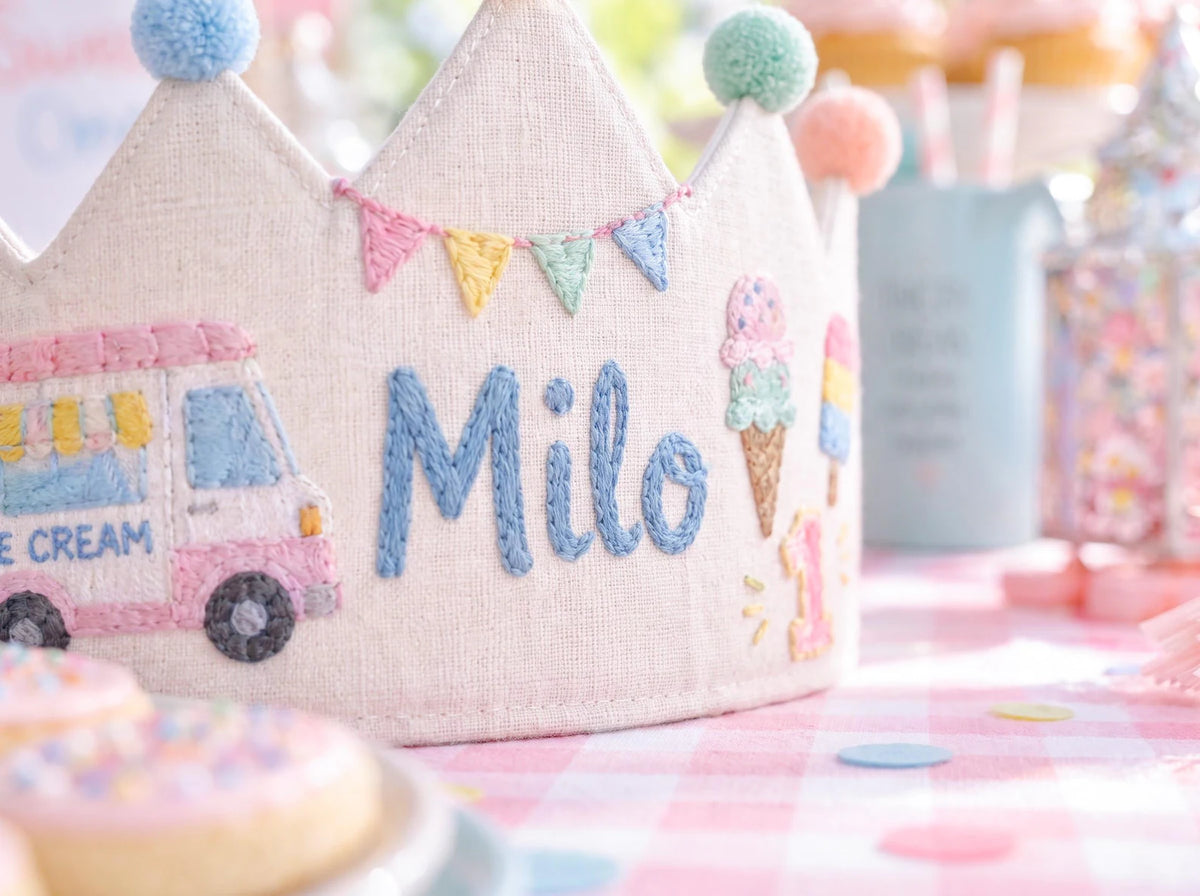 Personalized Birthday Crown, Hand Embroidered Linen Crown, Ice Cream Truck Party Hat, Custom Name Age Crown, 1st Birthday Keepsake for Child