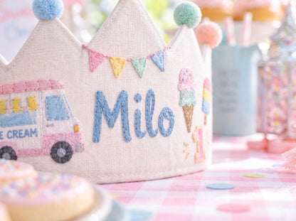 Personalized Birthday Crown, Hand Embroidered Linen Crown, Ice Cream Truck Party Hat, Custom Name Age Crown, 1st Birthday Keepsake for Child