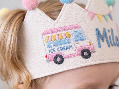Personalized Birthday Crown, Hand Embroidered Linen Crown, Ice Cream Truck Party Hat, Custom Name Age Crown, 1st Birthday Keepsake for Child
