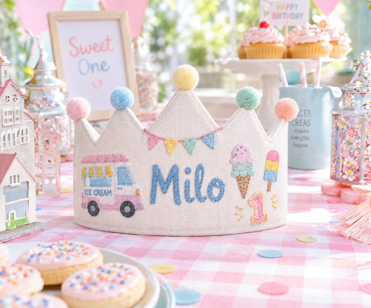 Personalized Birthday Crown, Hand Embroidered Linen Crown, Ice Cream Truck Party Hat, Custom Name Age Crown, 1st Birthday Keepsake for Child