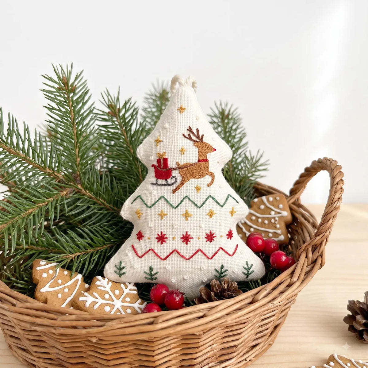 Hand Embroidered Christmas Heart Ornament – Bright and Joyful Holiday Scene, Winter Tree & Village Decor, Christmas Gift Decoration