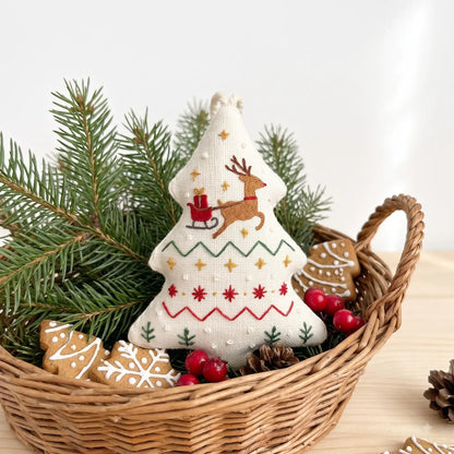Hand Embroidered Christmas Heart Ornament – Bright and Joyful Holiday Scene, Winter Tree & Village Decor, Christmas Gift Decoration